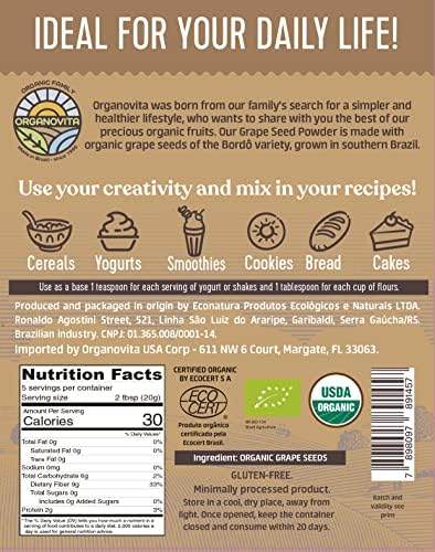 Organic Powder - Blend in Smoothies, Cakes, High Fiber Content, Made w/Cold-Pressed Natural Ingredients, Gluten-Free, All Purpose, Antioxidants Rich - Certified USDA (3.52 Oz, Grape Seed (Pack of 1))