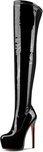 Aachcol Patent Leather Over The Knee Stiletto Boots Platform Thigh High Boots Round Toe Side Zipper Sexy Dress High Heel Boots 5.9 Inches Heels