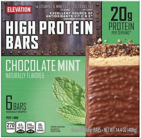 Elevation High Protein Bars – Chocolate Mint Flavor – 20g Protein Per Bar – 6 Count, 14.4 oz Total – Low Sugar, Post Workout Snack, Muscle Recovery, Meal Replacement, Energy Bar