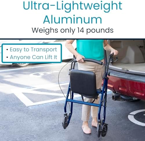Vive Ultra Lightweight Rollator Walker with Seat - Foldable, Narrow, Rolling Senior Walker for Small Spaces - 4 Wheel Aluminum Adult Easy Drive Aid with Underseat Accessory