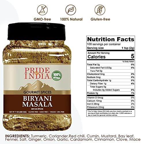 Pride Of India – Indian Biryani Masala Seasoning Spice - 7 oz. Medium Dual Sifter Jar - Easy to Use - Ideal for Layered Vegetable and Meat Pilaf – Suitable for Vegetarians & Vegans