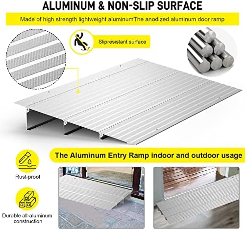 Door Threshold Ramp 3" Rise Door Ramp Aluminum Entry Ramp or Doorways Rated 800 lbs Load Capacity forWheelchair Scooters Power Chairs Walkers Metallic