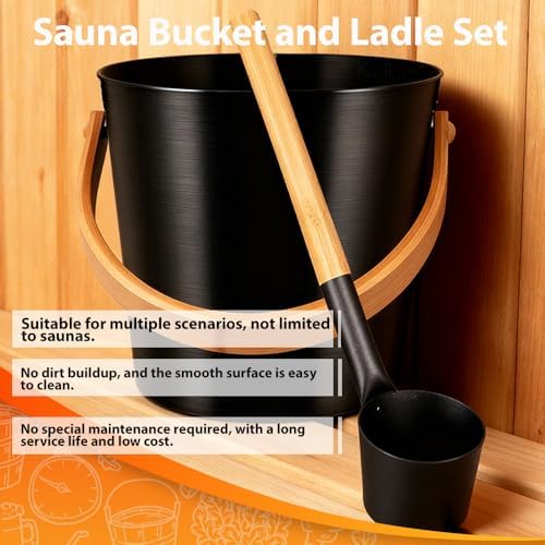 Sauna Bucket and Ladle Set, Handmade from Canadian Red Cedar Wood - Core Set (Bucket & Ladle, Body Brush, Thermometer & Hygrometer, Sand Timer, Aromatherapy Bowl Oil Cup, Pumice Stone) (Aluminum)