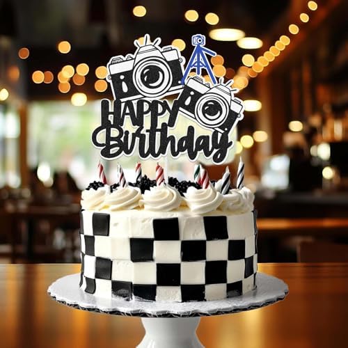 Photographer Cake Topper Outdoor Photography Happy Birthday Cake Decorations for Men Women Boys Girls Camera Tripod Party Decoration (Black Glitter)