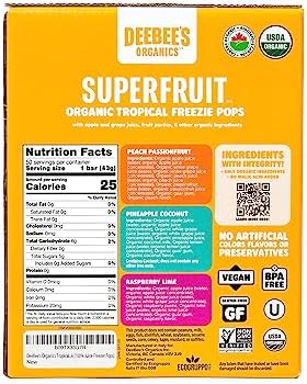 DeeBee's Organics Tropical SuperFruit Freezie Pops, No Added Sugars, No Artificial Flavors or Colors (Pack of 50)