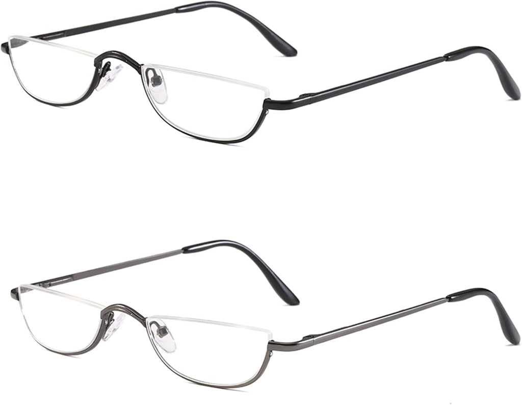 Half Reading Glasses - 2 Pairs Half Rim Metal Frame Glasses Spring Hinge Readers for Men and Women, Black+Gunmetal 1.75