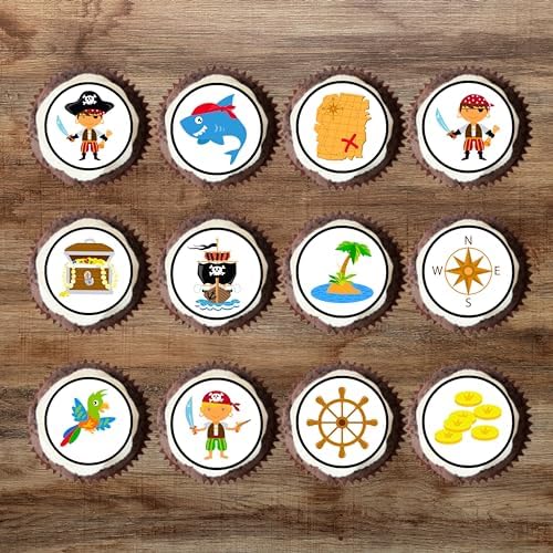 PRECUT Pirate Edible Cupcake Toppers - Theme #2 Premium Thickness SWEETENED VANILLA - wafer card disc cake decorations (12)
