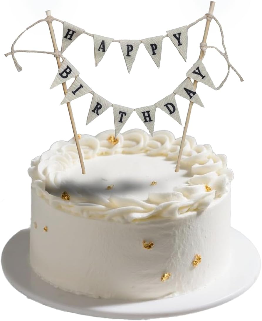 Ivory Happy Birthday Cake Banner Topper - Handmade Pennant Flags Garland with Natural Wood Pole, Party Decor for Cakes Decorations Supplies