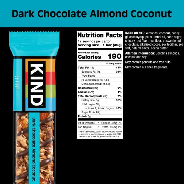KIND Healthy Snacks Bars, Dark Chocolate Almond Coconut, Gluten Free, High Fiber Snacks, 3g Protein, 24 Count