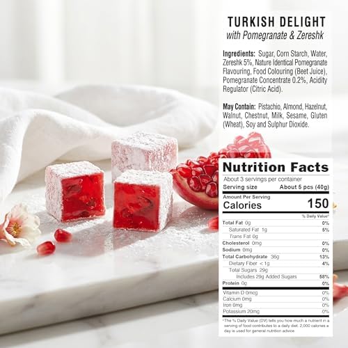 Hazer Baba Turkish Delight Candy, Pomegranate & Zereshk Flavored, 4.4oz (Pack of 1), Gourmet Snack Box, Traditional, Vegan Snack, Turkish Lokum, Sweets, Loukumi, Delicias Turcas, Halal, Kosher
