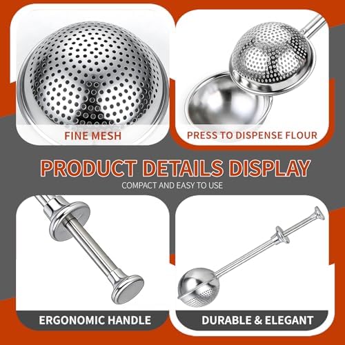 Sourdough Flour Duster for Baking, Powdered Sugar Duster, One-Handed Operation Flour Dusting Wand, 304 Stainless Steel with Spring-Operated Handle, Easy to Use, Perfect for Sourdough Bread