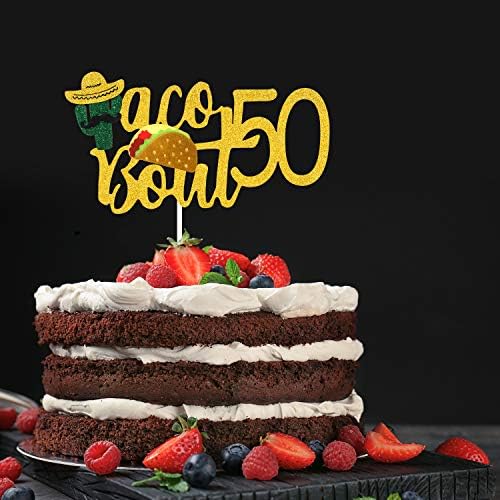 Taco Bout 50 Birthday Cake Topper - Fiesta 50th Birthday Party Glitter Taco Cactus Cake Supplies - Fabulous Fifty - Mexican Summer Fiesta Party Decoration