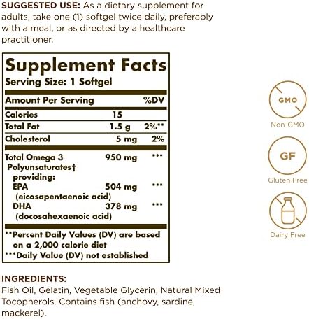 Solgar Triple Strength Omega 3 950 mg - 100 Softgels, Pack of 2 - Supports Joint & Skin Health - Non-GMO, Gluten Free, Dairy Free - 200 Total Servings
