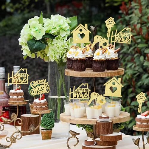 30PCS Sweet Home Cupcake Toppers - Gold Glitter Key House Warming Gifts New Home Party Decoration Housewarming Cake Picks New Home Theme Cake Party Supplies Decor