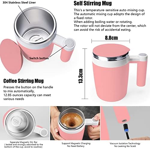 Self Stirring Mug,Rechargeable Auto Magnetic Coffee Mug with 2Pc Stir Bar,Waterproof Automatic Mixing Cup for Milk/Cocoa at Office/Kitchen/Travel 14oz Best Gift - Pink