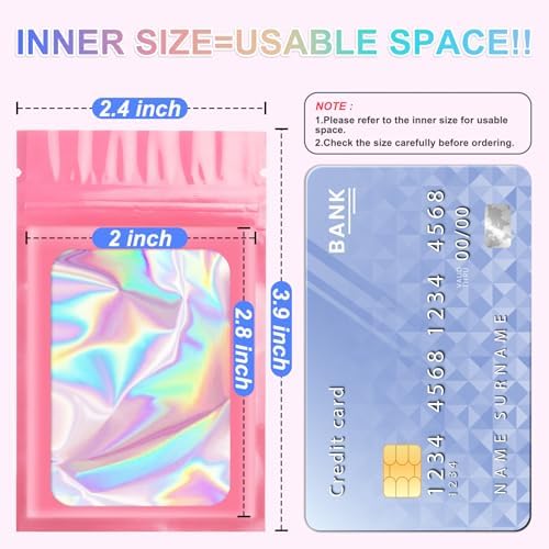 ANZNKU 100 Pack Holographic Mylar Bags, Smell Proof Sealable Packaging Bags with Clear Window for Small Business, Resealable Zip Bag for Candy Treat Jewelry Goodie Sample & Gifts (Pink, 2.4 x 3.9 in)
