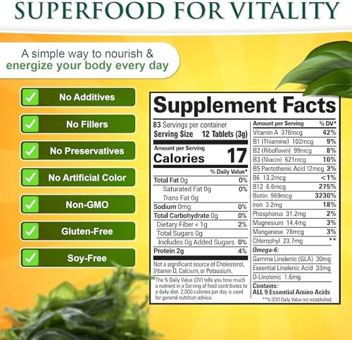 Sunlit Best Spirulina Tablets - Organic Spirulina Tablets USDA Premium 1000 Count - Natural Spirulinas Organic Burst for Immune Support Antioxidants, Energy Boost w/Chlorophyll - High Protein, Non GMO