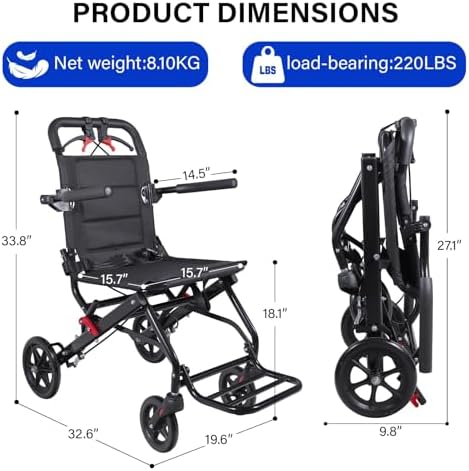 Wheelchairs for Adults Lightweight Foldable – Ultra Lightweight Transport Wheelchair, Portable Folding Transfer Chair for Seniors, Adolescents and Children, Narrow Wheelchair for Tight Spaces & Travel