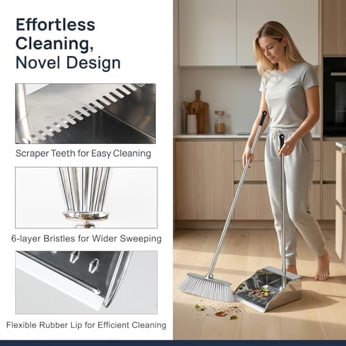 Indoor Soft Bristles Broom and Dustpan Angle Sweeping Dustpan and Broom with Long Handle for Kitchen Hardwood Floor Cleaning (Broom and Dustpan)