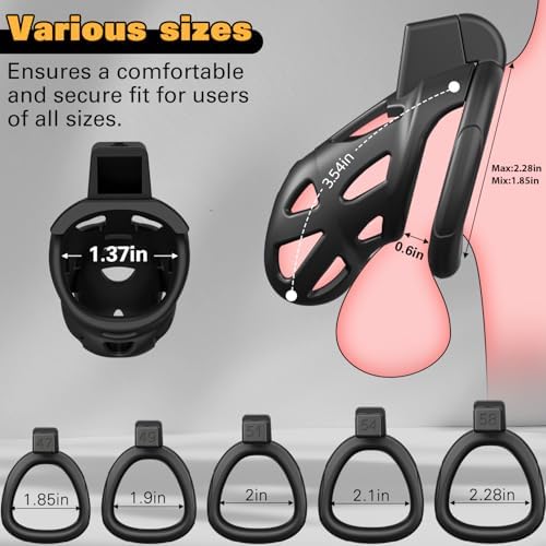 Male Chastity Cage with 5 Size Rings, Lightweight Breathable Chastity Device with Invisible Lock, Comfortable Fit with Ventilated Design & Urination Hole (L,Black)