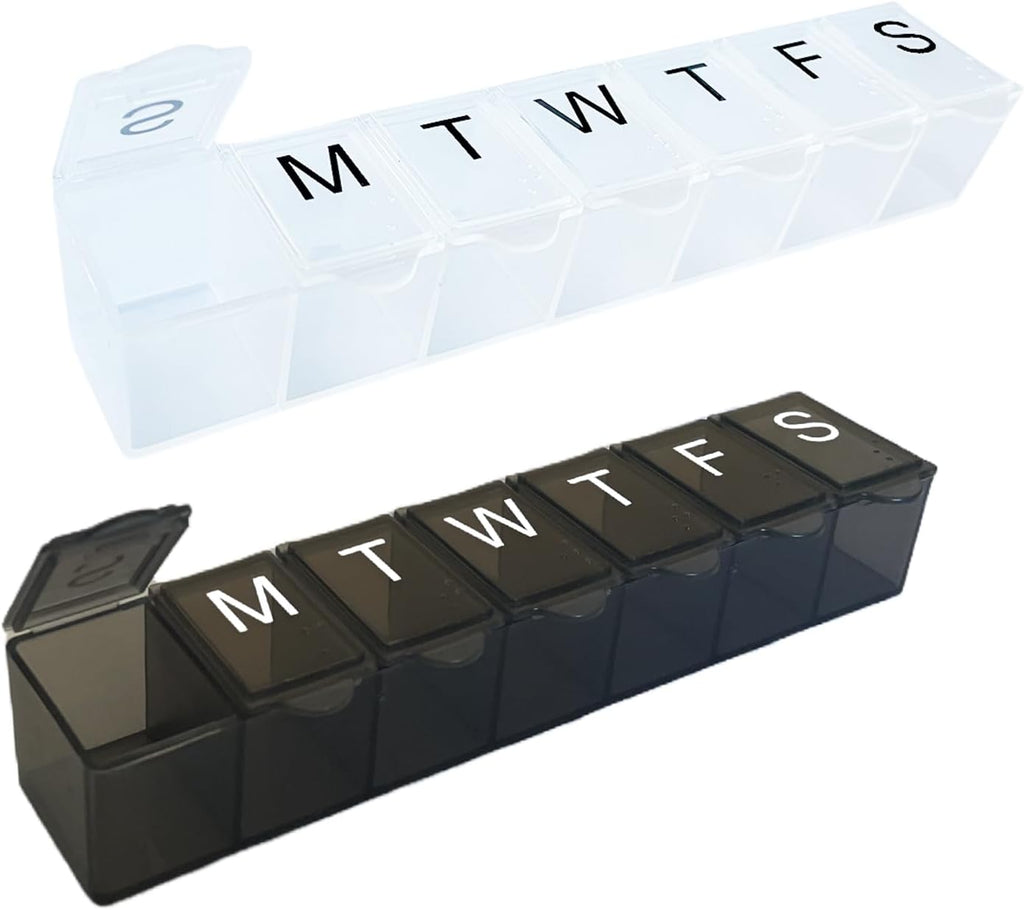 2 Pack Weekly (7-Day) Pill Organizer, 7 Days Pill Case Travel Daily Pill Box Portable Medicine Organizer and Planner with Compartment for Vitamins, Fish Oil, Supplements and Medication(Black&White)