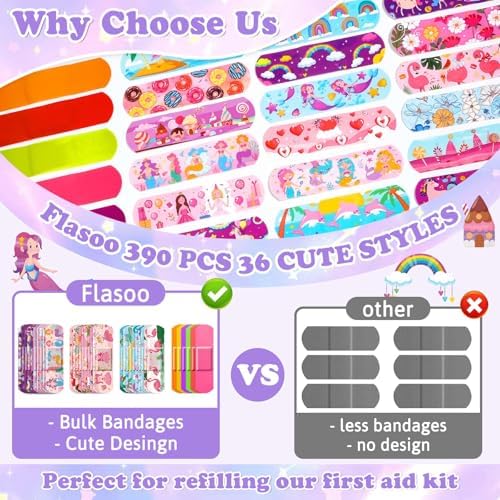 Flasoo 36 Styles Kids Cartoon Bandages 390 Pcs Girls Bandage Mermaid Bandage Pink Princess Bandages to Protect Scrapes and Cuts for Girls, Boys, Children, Toddlers