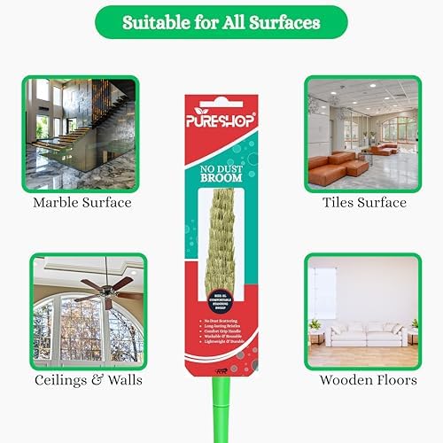 No Dust Broom, XL Size, Indian Style Jhadu, Washable Fiber, Comfort Grip Handle, Long-Lasting Bristles for Home Floor Cleaning