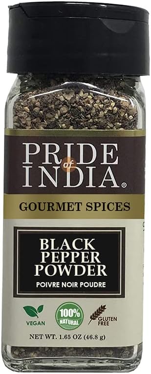 Pride of India – Black Pepper Ground – Ideal for Gourmet Dishes/Soups/Stews/Rubs – Fresh & Preservatives Free – Warming Spice – Easy to Use – 1.65 oz. Small Dual Sifter Jar