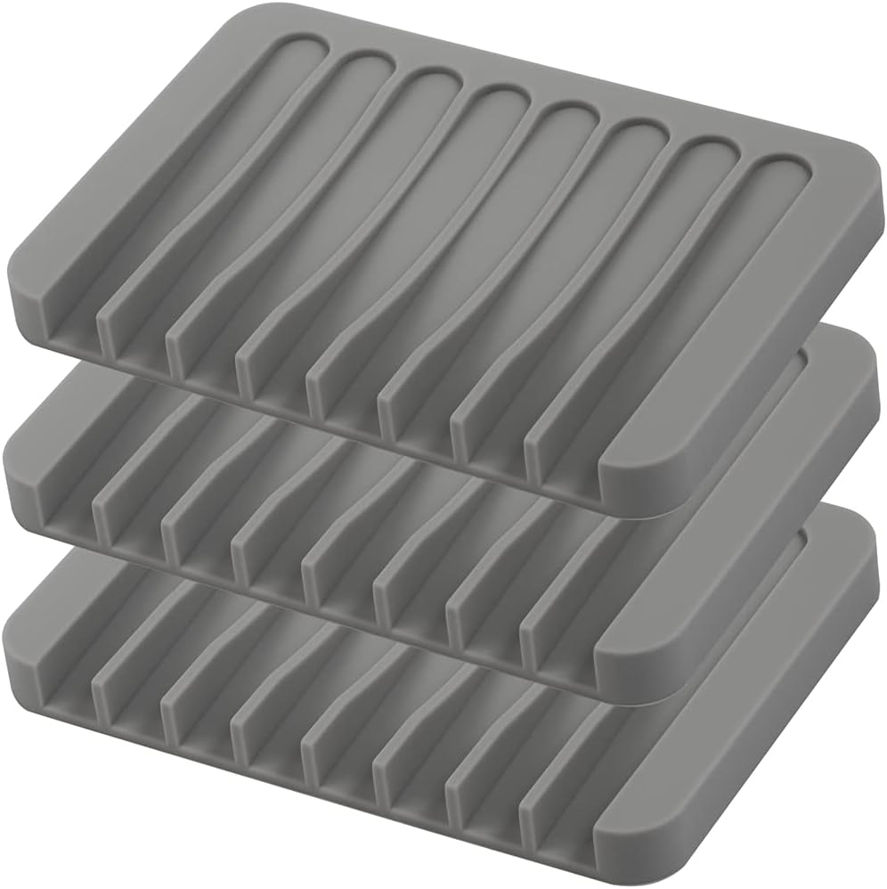 3PCS Self Draining Soap Holder, Premium Silicone Soap Dish, Soap Saver for Shower, Bathroom, Kitchen, Bath Tub, Sponges,Keep Soap Bars Dry Clean,Easy Clean,Extend Soap Life (Grey)