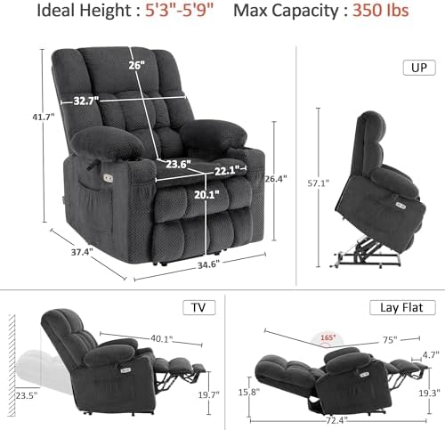 MCombo Dual Motor Power Lift Recliner Chair with Massage and Heat for Elderly People, Infinite Position, USB Ports, Cup Holders, Fabric 7890 (Medium, Dark Gray)