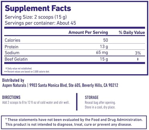 ASPEN NATURALS Beef Gelatin Powder Unflavored 24 Oz | Grass Fed, Pasture-Raised | Non-GMO, Gluten-Free, Paleo-Friendly | Premium Culinary Gelatin | Cooking, Baking, Gummies, Marshmallows & More