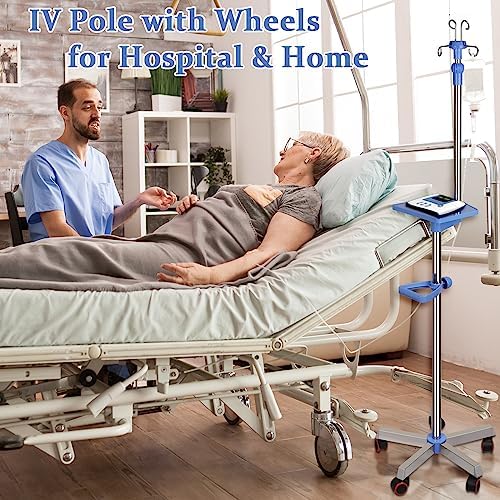 Medical IV Pole with Wheels - Stainless Steel Adjustable 57" to 79" Height IV Stand with Tray and 4 Hooks for Hospital, Home Infusion Practice and Therapy