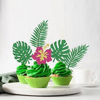 24Pcs Glitter Tropical Cupcake Toppers, Palm Tree Cake Topper Aloha Cupcake Picks Flower Cupcake Decorations for Luau Hawaiian Theme Baby Shower Birthday Party Supplies(Leaves B)