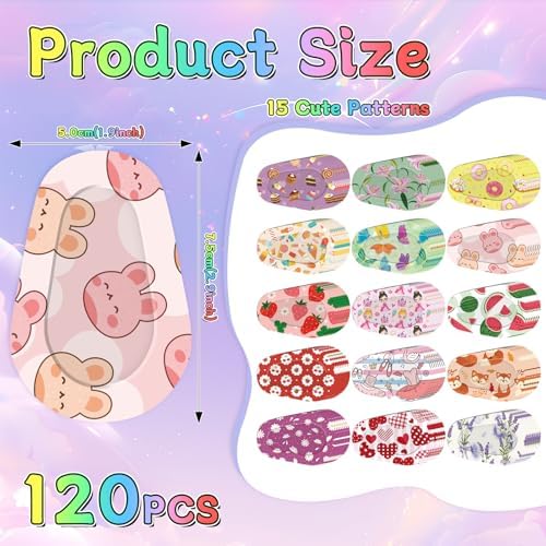 120 Pcs Adhesive Eye Patches for Kids and Girls,Bulk Breathable Soft Cotton, with Cute Pattern Designs, 15 Styles with 8 Pieces Each