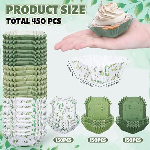 Whaline 450Pcs Greenery Mini Square Cupcake Liners Eucalyptus Olive Leaf Cupcake Wrappers Green Leaves Muffin Baking Cup for Wedding Bridal Baby Shower Birthday Party Decor