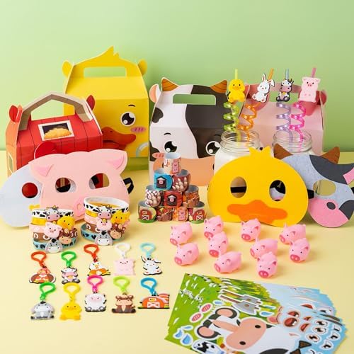 Farm Animals Birthday Party Favors Set 82 PCS Barnyard Animal Masks Sticker Keychains Straw Slap wristbands Rubber Pigs Gift for Kids Birthday Party Baby Shower Goodie Bag Filles Supplies
