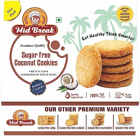 MidBreak Sugar-Free Coconut Biscuits - High Fiber Gut-Friendly Low Glycemic Index Cookies Tasty Healthy Snacks Pack of 1