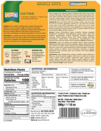 Ashoka All-Natural Entrees 1932, Vegan Spinach and Lentils, Microwave Friendly Meals, Authentic Indian Dal Palak, Great for Outdoors, Kosher Certified, Gluten-Free & with No Preservatives, Pack of 10