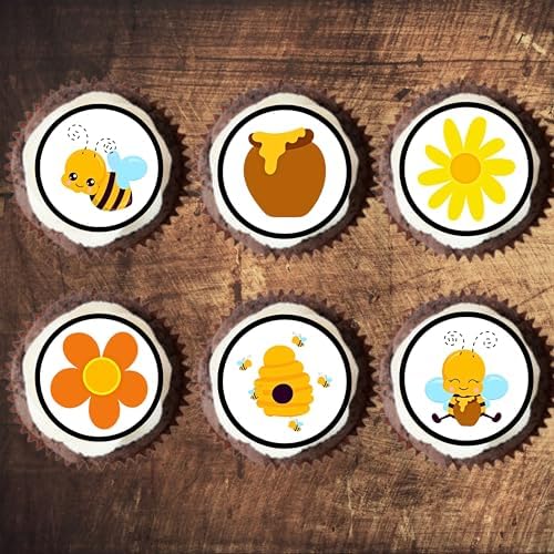 Cute Bumble Bee Theme Edible Cupcake Toppers for Baby Showers and Birthday Cake Decorations 24 x 1.5 inch / 4cm Wafer Card Discs (UNCUT)