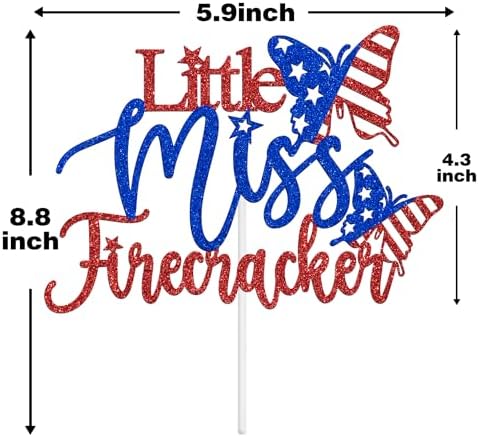 Little Miss Firecracker Cake Topper, USA Patriotic Bithday Cake Decor, Happy Independence Day, 4th of July American National Day Baby Shower Party Decorations Supplies for Girls, Red and Blue Glitter