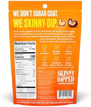 SkinnyDipped Salted Caramel Cashews, Healthy Snack, Plant Protein, Gluten Free, 3.5oz Resealable Bags, Pack of 5