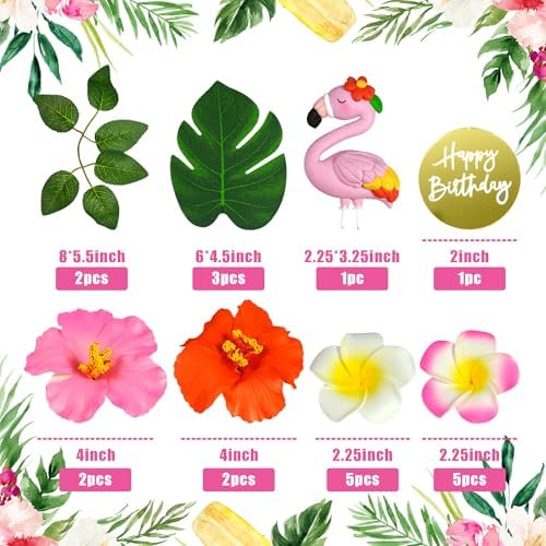 Flamingo Cake Topper Summer Cake Decorations with Artificial Flowers Palm Leaves for Hawaii Beach Supplies