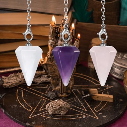 Qianyu 3 Pcs Crystal Pendulums Set for Divination Dowsing Amethyst Rose Quartz Clear Quartz 6 Faceted Hexagonal Pointed Cone Resin Spiritual Gemstone Pendant Witchcraft Accessories