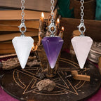 Qianyu 3 Pcs Crystal Pendulums Set for Divination Dowsing Amethyst Rose Quartz Clear Quartz 6 Faceted Hexagonal Pointed Cone Resin Spiritual Gemstone Pendant Witchcraft Accessories
