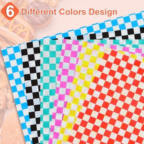 Ninsula Deli Paper Sheets 126P, 11.5x11.5 In Checkered Sandwich Paper Wraps, 6 Colors Basket Liners For Food Serving, Grease Resistant Burger Wrappers for BBQ, Picnic, Party
