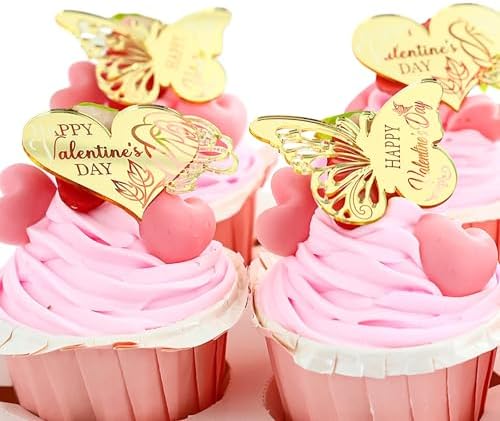24 Pieces Valentine's Day Butterfly and Heart Design Cupcake Toppers, Gold Mirror Acrylic Decorations, 2.2 x 1.77 Inch Happy Valentine's Day Design