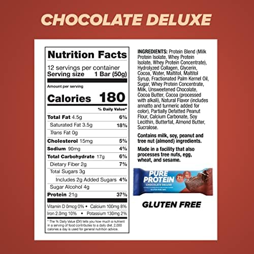 Pure Protein Chocolate Deluxe Protein Bars – 21g Protein, 3g Sugar, 190 Calories (12 count) Low Sugar* High Protein Snack - Gluten Free - Perfect for a Healthy Snack