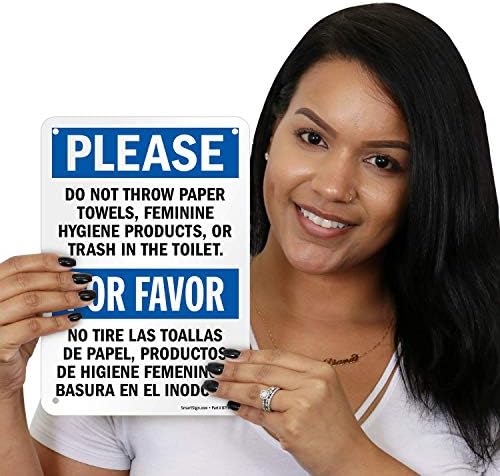 SmartSign "Please Do Not Throw Paper Towels, Feminine Hygiene Products, Or Trash In The Toilet" Bilingual Sign | 7" x 10" Plastic