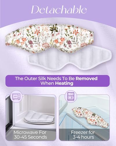 Cute Silk Weighted Eye Mask - Sleep Mask for Women Wife Mom for Sleeping Heat and Cold Lavender Mulberry Silk Eye Mask for Dry Eyes Ajustable with Drawstring Bag, Floral