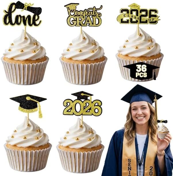Graduation Decorations 2026 Cupcake Toppers, 36 Pcs Black & Gold Glitter Cap & Diploma Class of 2026 Cake Topper, Cake Picks & Toppers for Congrats Grad Party Decor Supplies